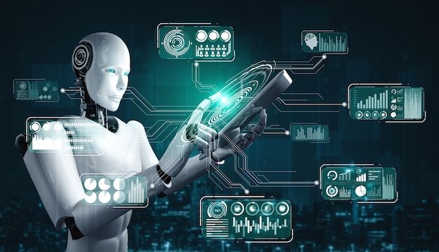 A humanoid robot interacting with a holographic interface displaying various data visualizations and charts, representing concepts of artificial intelligence, data analysis, and technological advancement.