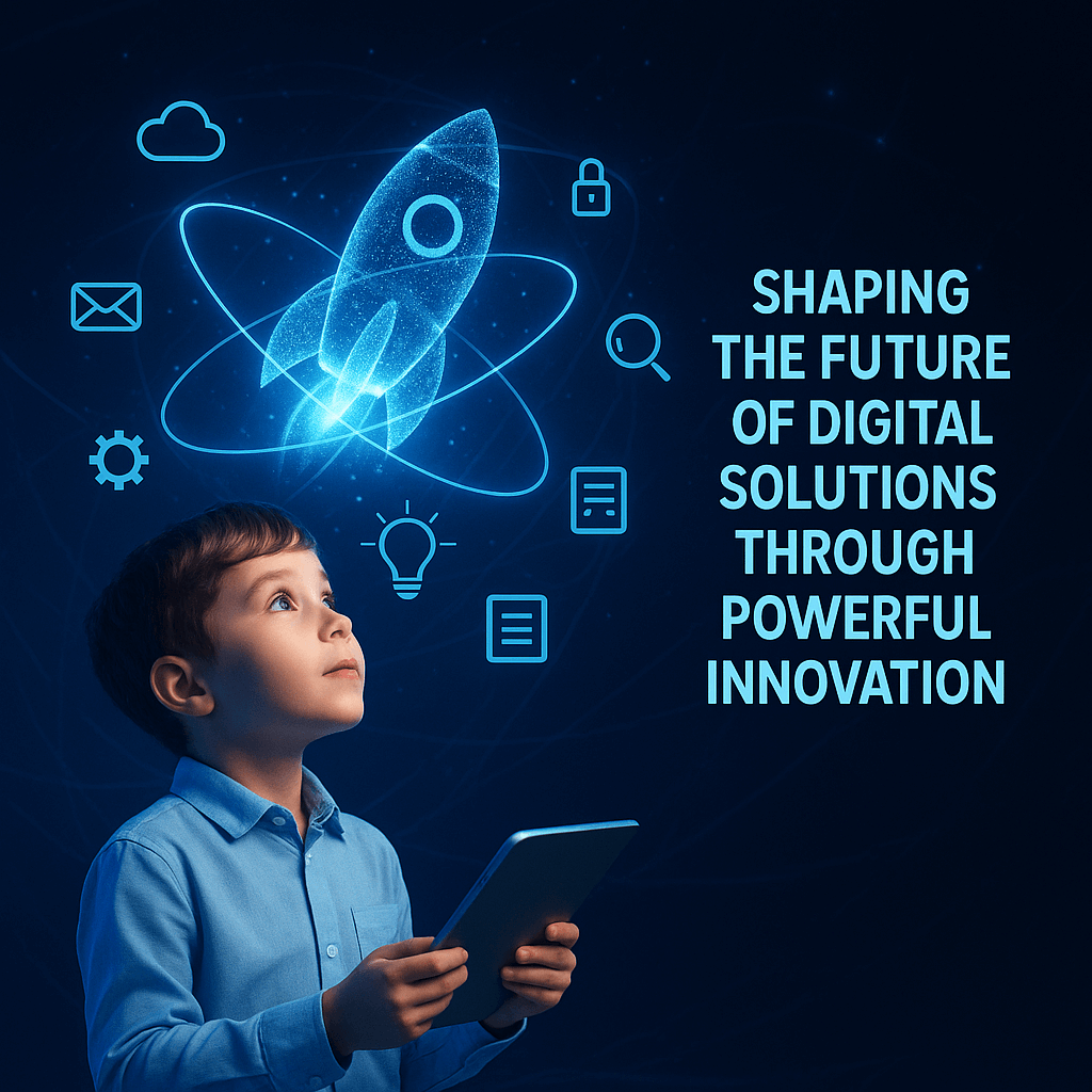 A young child looking up at a glowing blue holographic projection of a rocket ship and atomic symbols, with text on the right side that reads 'SHAPE THE FUTURE OF DIGITAL SOLUTIONS THROUGH HUMAN-LED INNOVATION'