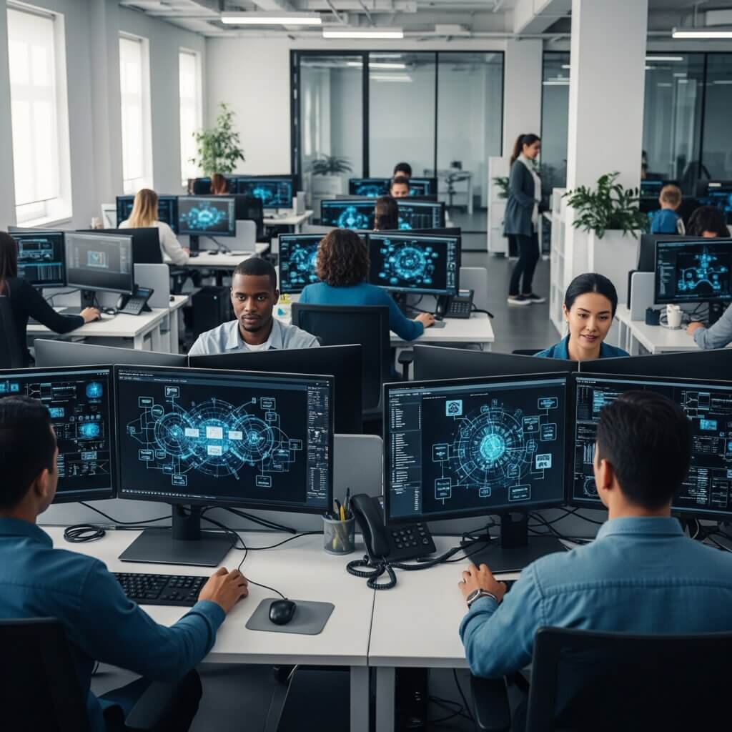 An open-plan office with multiple people working at desks with computers, some of which display complex data visualizations and network diagrams, suggesting a focus on technology, cybersecurity, or data analysis