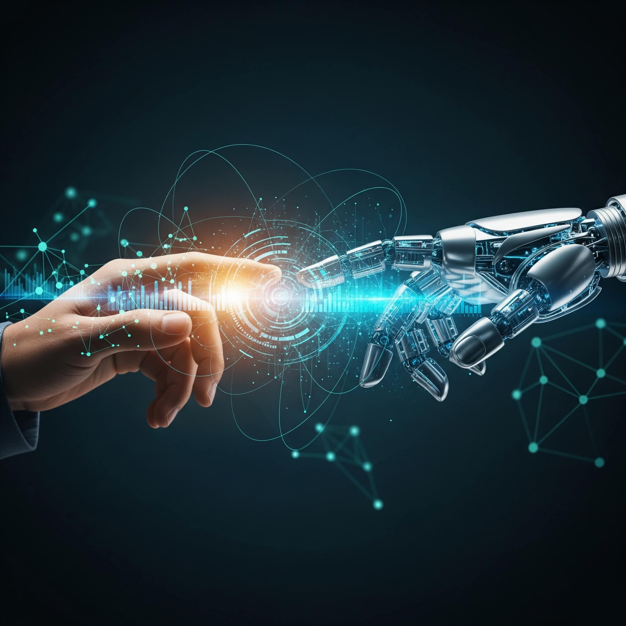 A human hand reaching out to touch a robotic hand, with glowing digital connections and data visualizations between them, symbolizing the interaction and integration of humanity and artificial intelligence.