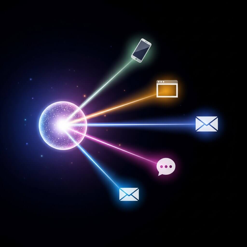 A glowing central orb emitting multiple colored light beams that connect to distinct icons or symbols, representing a central hub or connection point.