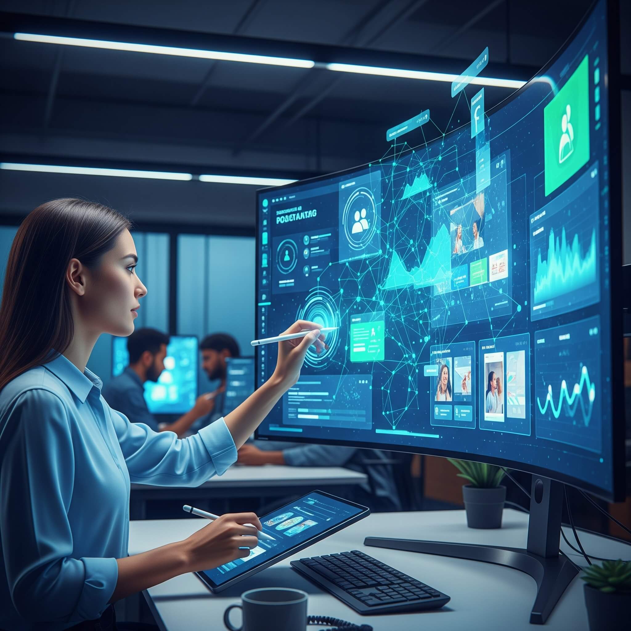 A female engineer interacts with a large, glowing blue display in a control room, with multiple screens displaying data and graphics in a high-tech environment.