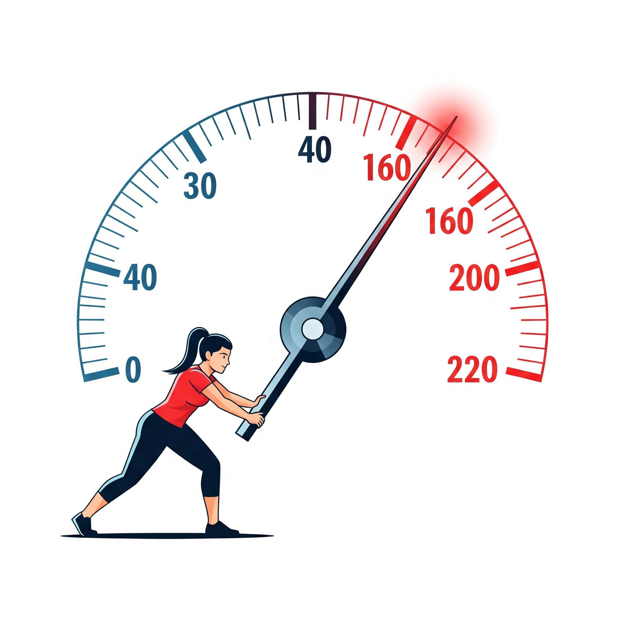 A cartoon illustration of a woman pushing a large needle on a speedometer or gauge, with the needle pointing towards the red, highest end of the scale, indicating maximum effort or high pressure".