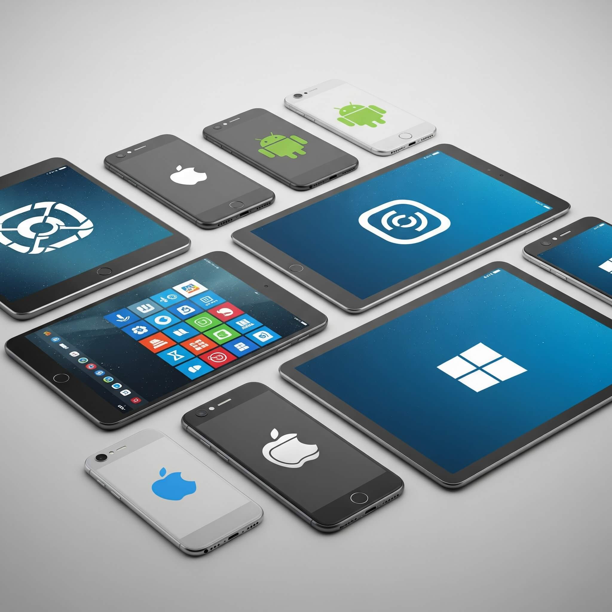 A collection of various mobile devices, including smartphones and tablets, arranged in a pattern, with some screens displaying app icons and others showing a blue background with a lock or security-related icon, suggesting themes of technology, connectivity, and security."