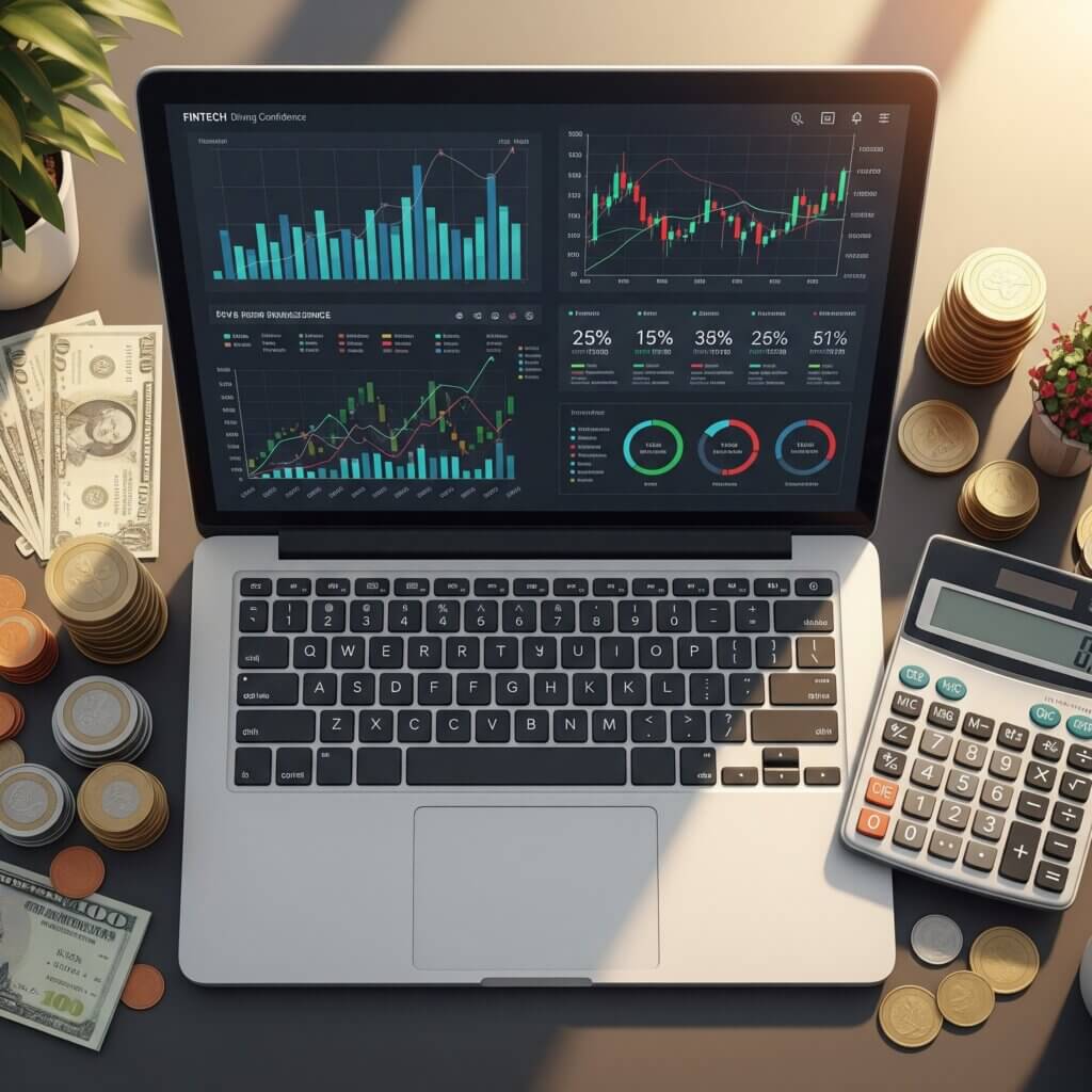 A top-down view of a laptop displaying a financial dashboard with charts and graphs, surrounded by stacks of coins, scattered banknotes, a calculator, and a small potted plant, all on a grey surface.