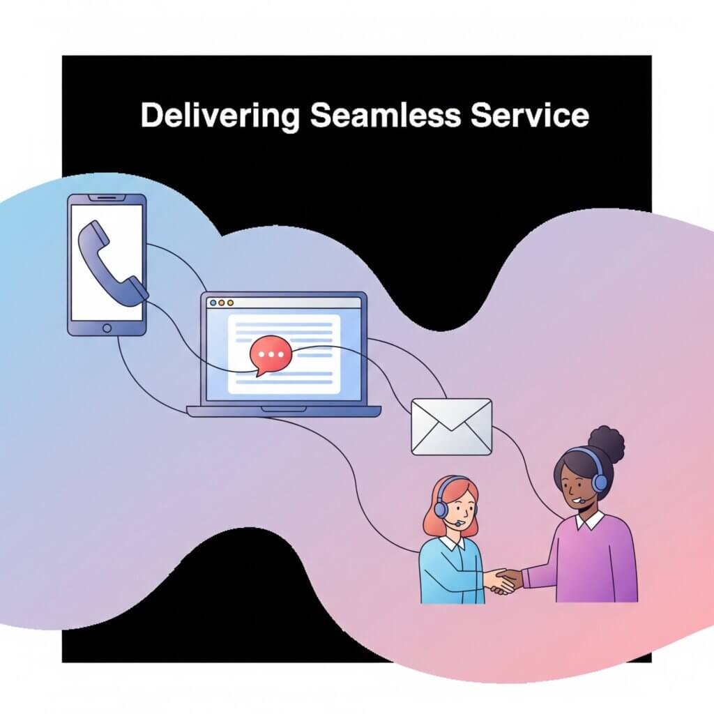 An illustration of delivering seamless service, showing a smartphone, a laptop displaying a chart, and a person interacting with a cloud icon and a baby bottle, representing various aspects of service delivery