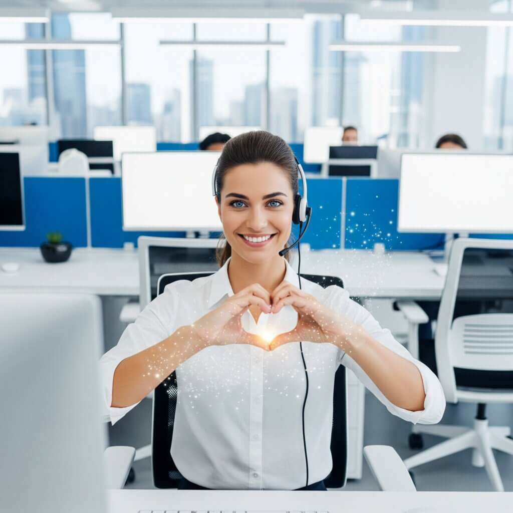 A smiling female call center employee wearing a headset makes a heart shape with her hands, with a glowing light emanating from the center, in a modern office environment.