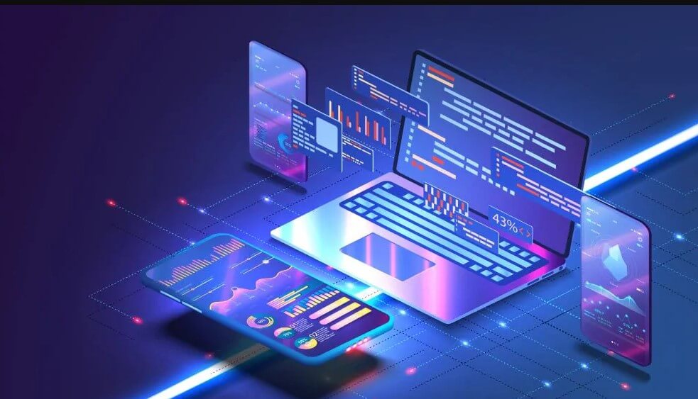 Illustration of web development or software development, showing a laptop and two smartphones displaying code, graphs, and data, with glowing lines connecting them on a dark background