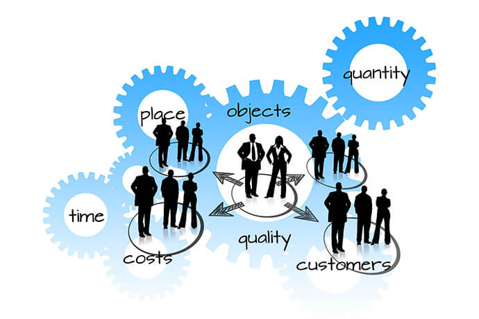 A diagram illustrating business connections and networking, with multiple groups of stylized human figures in business attire connected by lines and circles, suggesting collaboration, communication, and various business relationships or departments within an organization or network.